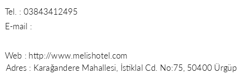 Melis Cave Hotel telefon numaralar, faks, e-mail, posta adresi ve iletiim bilgileri